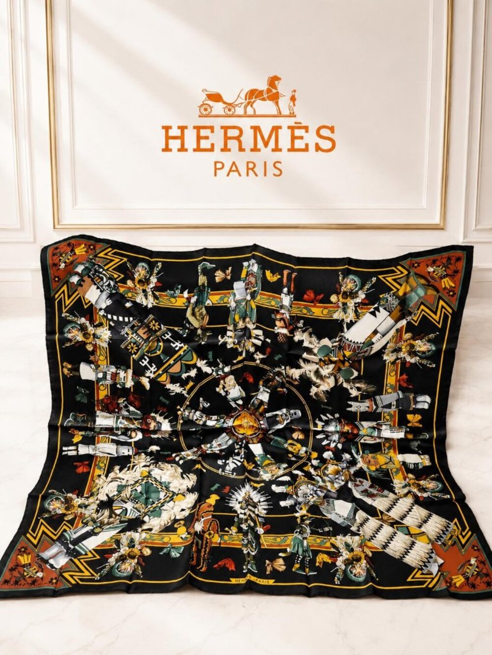 Authentic Hermès Kachinas Kermit Oliver Carré 90 Scarf